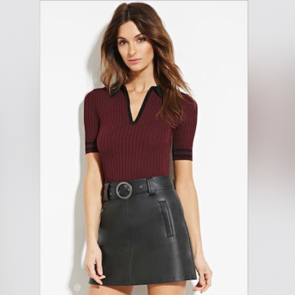 Forever 21 Burgundy Ribbed Polo Top with Black Trim